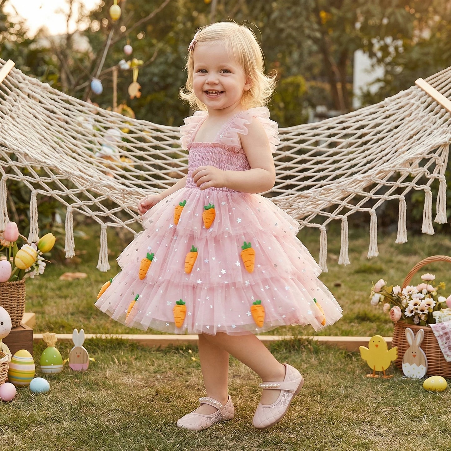 FOCUSNORM Little Toddler Girls Easter Dress Casual Carrot Patch Star Smocked Flying Sleeve Ruffled Mesh Layered Dress