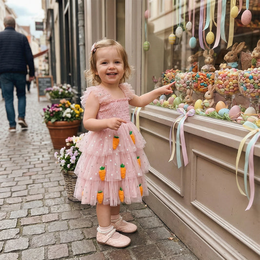 FOCUSNORM Little Toddler Girls Easter Dress Casual Carrot Patch Star Smocked Flying Sleeve Ruffled Mesh Layered Dress