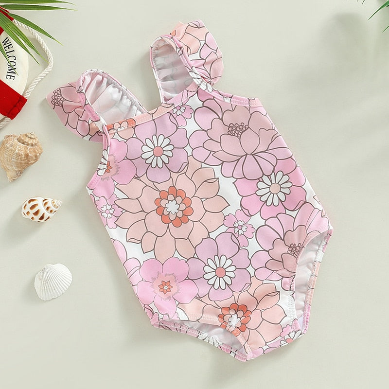 Pink Floral Ruffle One Piece Swimsuit